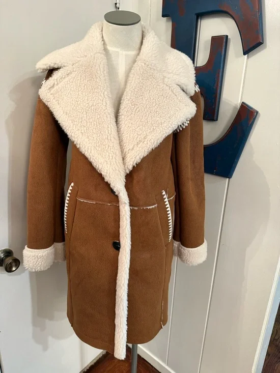 Avec Les Filles anthropologie brown Women’s shearling Coat Sz L NWT - Picture 4 of 6